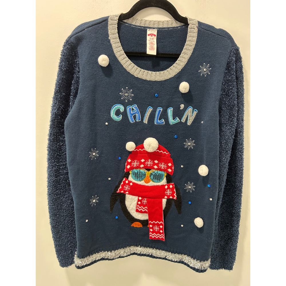 Holiday Time Womens Chillin Penguin Ugly Christmas Sweater Navy Blue XL 16-18